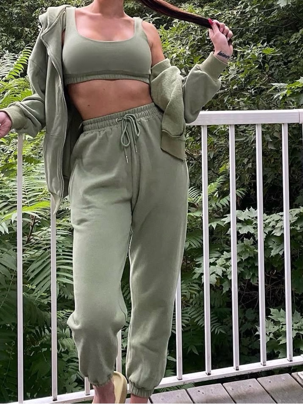 JLUXLABEL Sage Green 3-Piece Hoodie Jogger Lounge Set Size Small